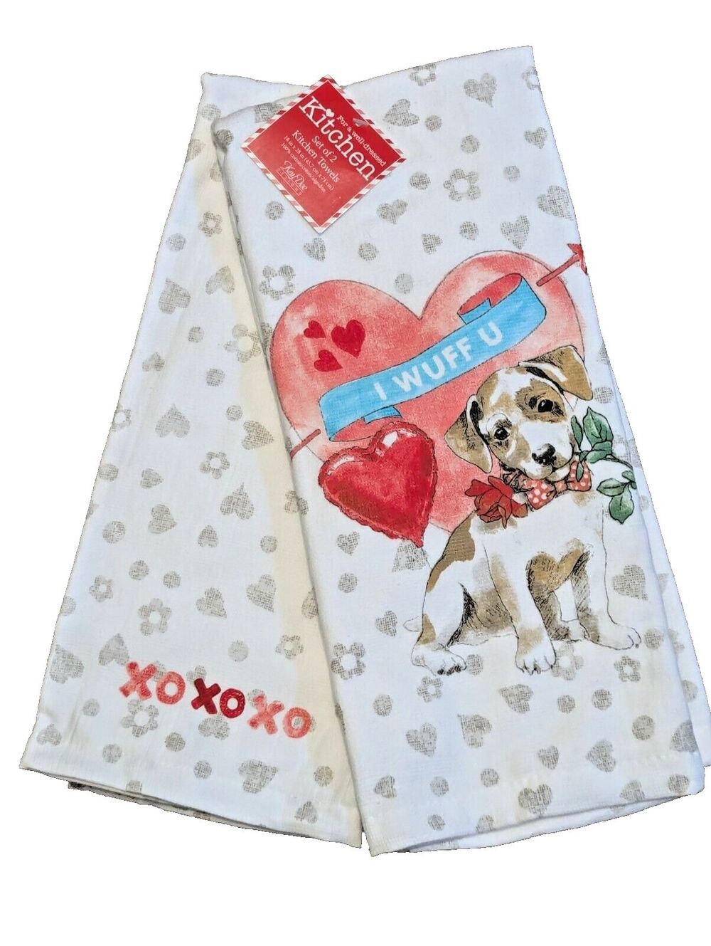 Kay Dee I WUFF U Kitchen Towels Puppy Dog Love Hearts 18 x 28-in 2pc Gift NEW
